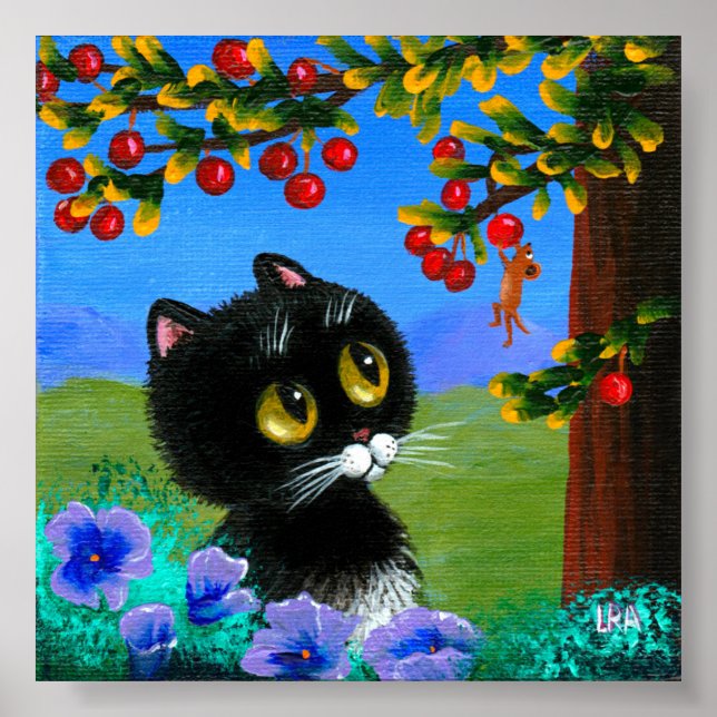 Funny Black Cat Mouse Cherries Creationarts Poster (Framsidan)
