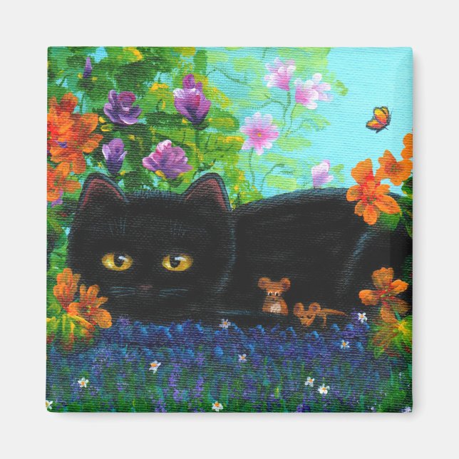 Funny Black Cat Mouse Flowers Creationarts Magnet (Framsidan)