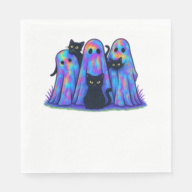 Funny Black Cat och Ghost Halloween Essential T-Sh Pappersservett (Framsidan)
