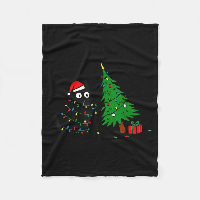 Funny Black Cat Pushing 67 Christmas Tree Over Cat Fleecefilt (Framsidan)