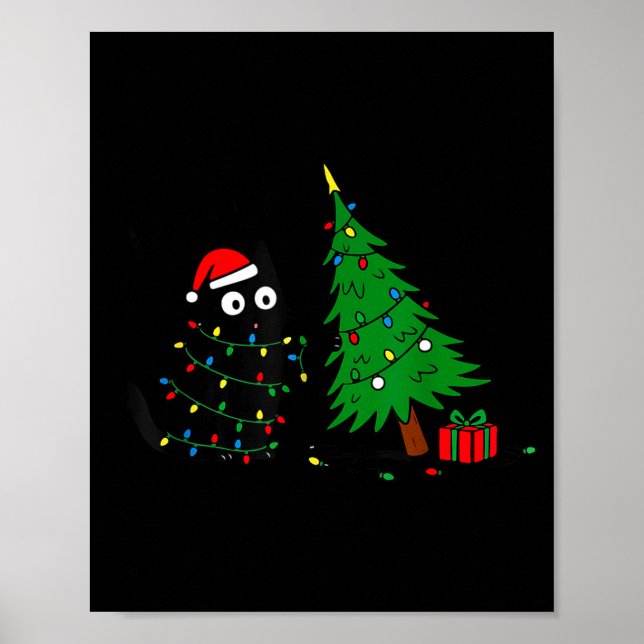 Funny Black Cat Pushing 67 Christmas Tree Over Cat Poster (Framsidan)