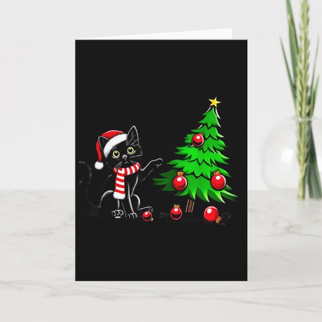Funny Black Cat Pushing Christmas Tree Over Cat Wh Kort (Framsida)