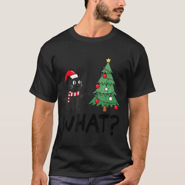 Funny Black Cat Pushing Christmas Tree Over Cat Wh T Shirt (Framsida)