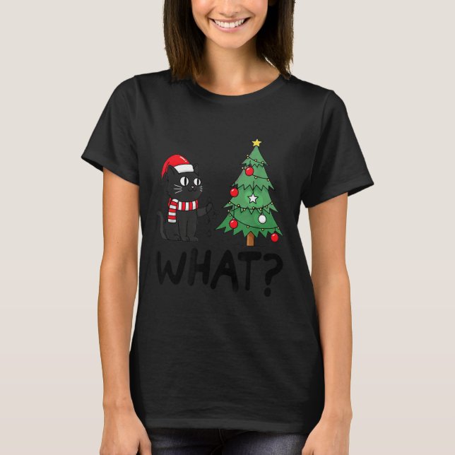 Funny Black Cat Pushing Christmas Tree Over Cat Wh T Shirt (Framsida)
