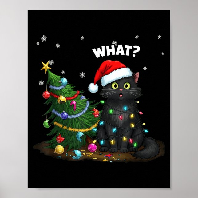 Funny Black Cat Pushing Christmas Tree  Poster (Framsidan)