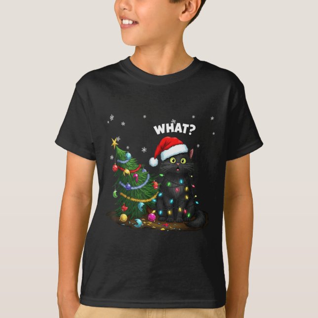 Funny Black Cat Pushing Christmas Tree  T Shirt (Framsida)