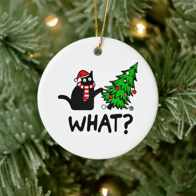 Funny Black Cat Pushing Julgran Djurälskare Julgransprydnad Keramik (Träd)