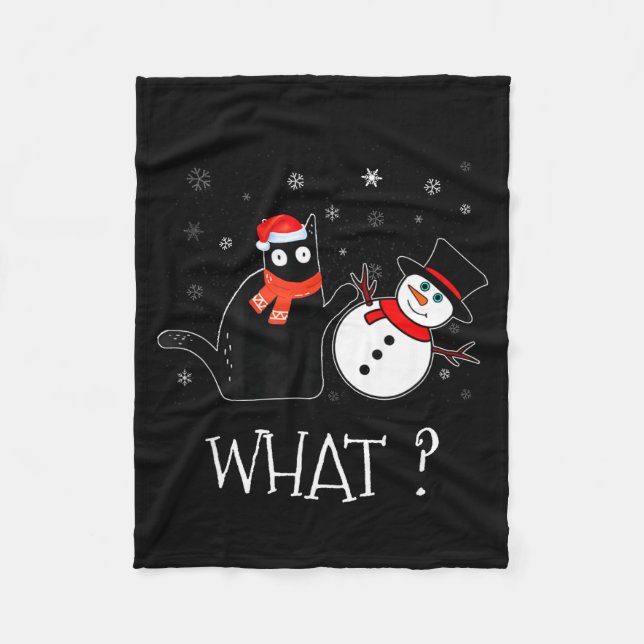 Funny Black Cat Pushing Snowman Christmas Winter C Fleecefilt (Framsidan)