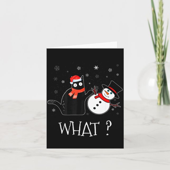 Funny Black Cat Pushing Snowman Christmas Winter C Kort (Framsida)