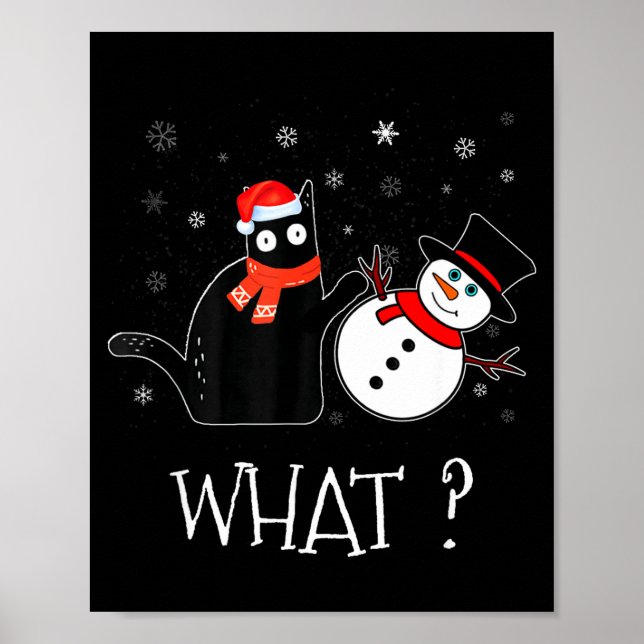 Funny Black Cat Pushing Snowman Christmas Winter C Poster (Framsidan)