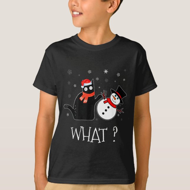 Funny Black Cat Pushing Snowman Christmas Winter C T Shirt (Framsida)