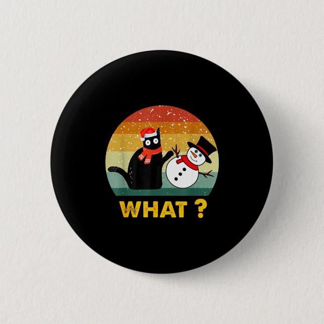 Funny Black Cat Pushing Snowman Xmas Winter Costum Knapp (Framsida)