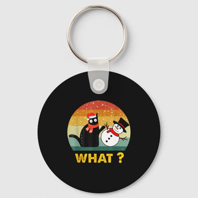 Funny Black Cat Pushing Snowman Xmas Winter Costum Nyckelring (Framsida)