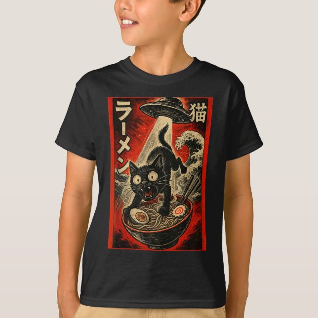 Funny Black Cat Ramen Alien Ufo Abduction Japanese T Shirt (Framsida)