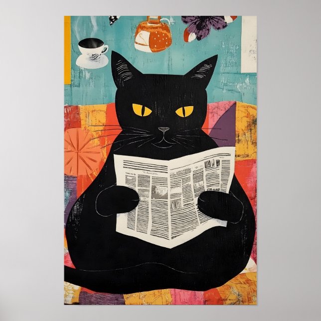 Funny Black cat Reading Newspaper  Poster (Framsidan)