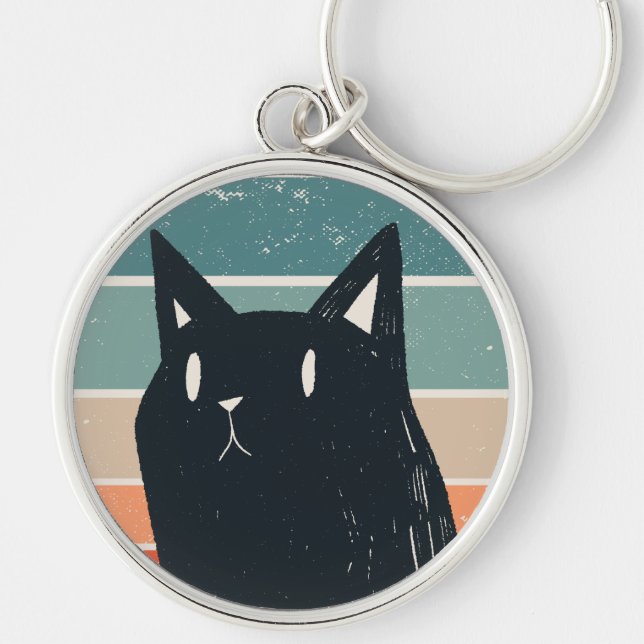 Funny Black Cat Retro Stil-design Rund Silverfärgad Nyckelring (Framsidan)