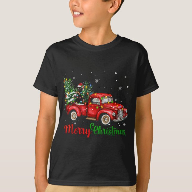 Funny Black Cat Riding Red Lastbil Julgran Li T Shirt (Framsida)