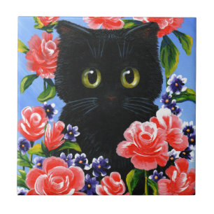 Funny Black Cat Röd ros Flowers Kakelplatta