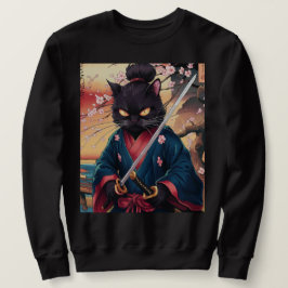 Funny Black Cat Samurai  Lång Ärmad Tröja