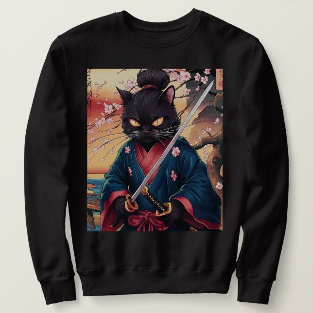 Funny Black Cat Samurai  Lång Ärmad Tröja (Design framsida)
