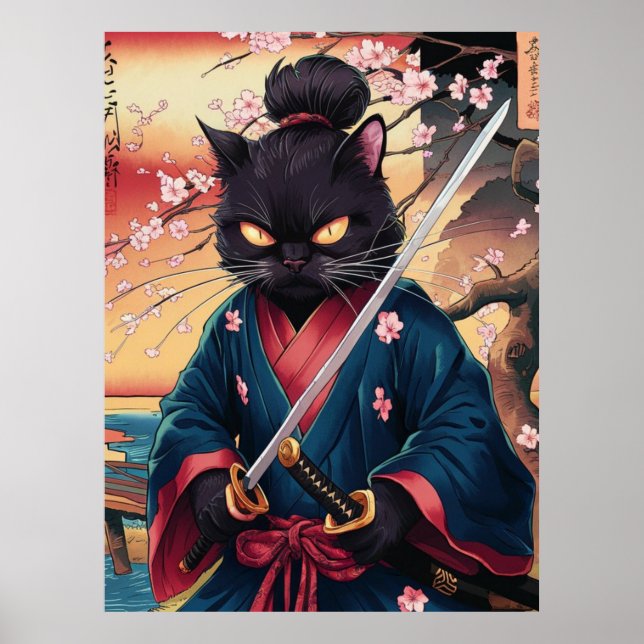 Funny Black Cat Samurai  Poster (Framsidan)