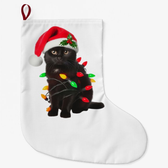 Funny Black Cat Santa Hat Julgran Ljus Stor Julstrumpa (Framsidan)