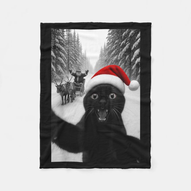 Funny Black Cat Selfie With Santa Christmas Men Wo Fleecefilt (Framsidan)
