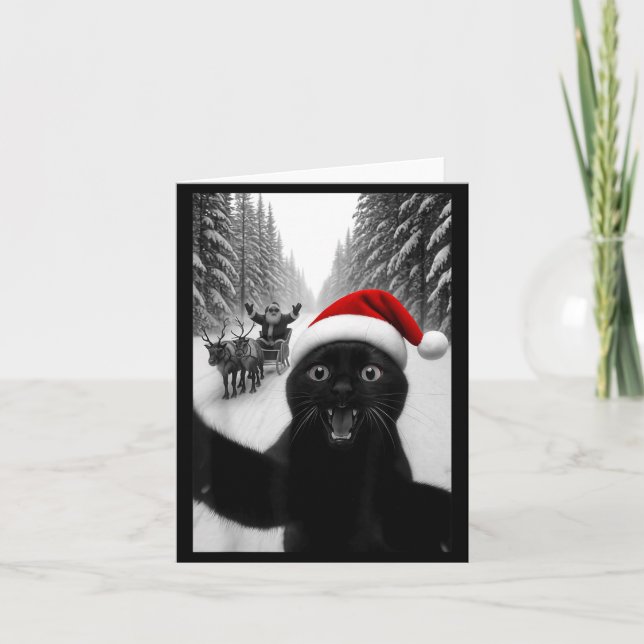 Funny Black Cat Selfie With Santa Christmas Men Wo Kort (Framsida)