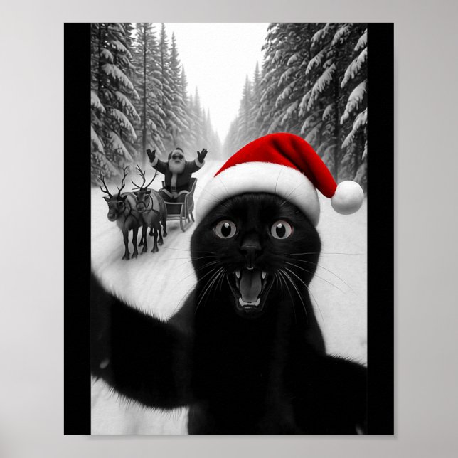 Funny Black Cat Selfie With Santa Christmas Men Wo Poster (Framsidan)