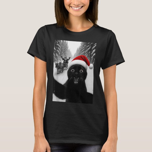 Funny Black Cat Selfie With Santa Christmas Men Wo T Shirt (Framsida)
