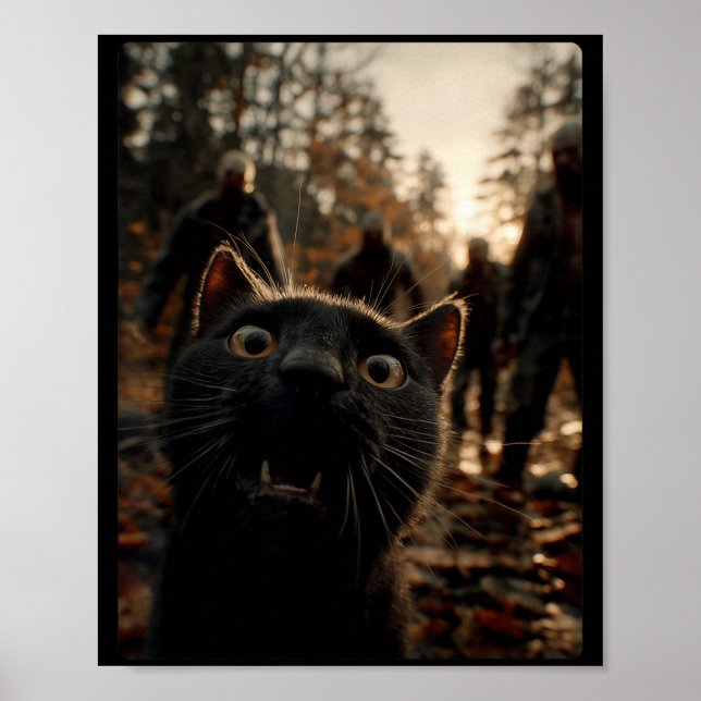 Funny Black Cat Selfie With Zombies Feline Animal  Poster (Framsidan)