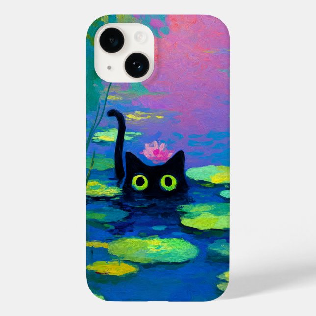 Funny Black Cat Swimming i Pond | Quirky Art (Baksida)