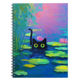 Funny Black Cat Swimming i Pond | Quirky Art Anteckningsbok