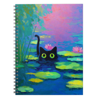 Funny Black Cat Swimming i Pond | Quirky Art Anteckningsbok