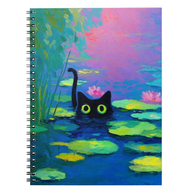 Funny Black Cat Swimming i Pond | Quirky Art Anteckningsbok (Framsidan)