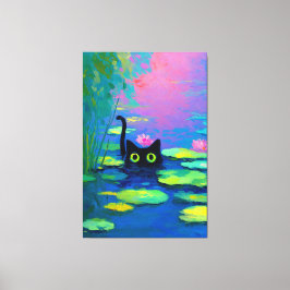 Funny Black Cat Swimming i Pond | Quirky Art Canvastryck