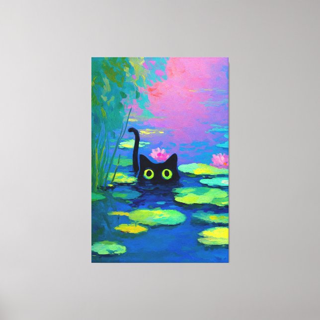 Funny Black Cat Swimming i Pond | Quirky Art Canvastryck (Framsida)