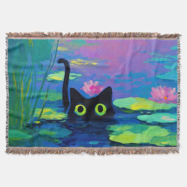 Funny Black Cat Swimming i Pond | Quirky Art Filt (Framsidan)