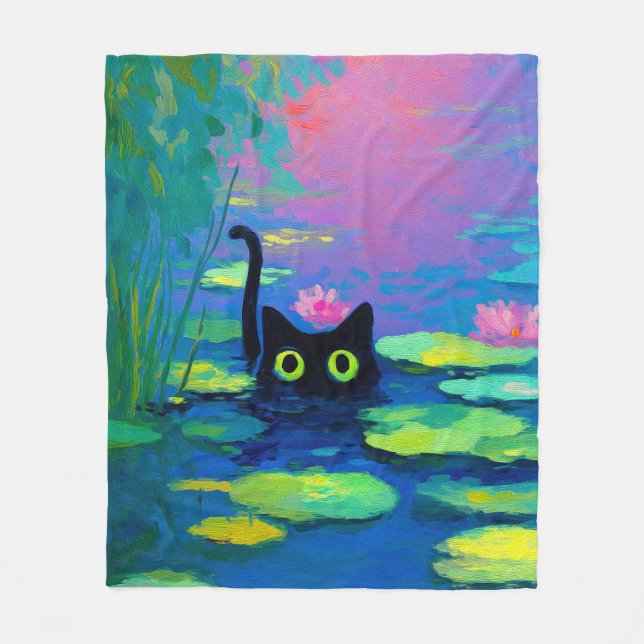 Funny Black Cat Swimming i Pond | Quirky Art Fleecefilt (Framsidan)