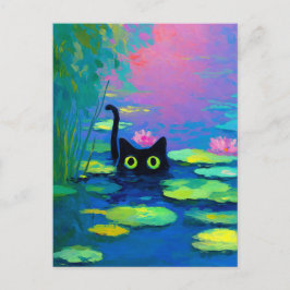 Funny Black Cat Swimming i Pond | Quirky Art Helg Vykort