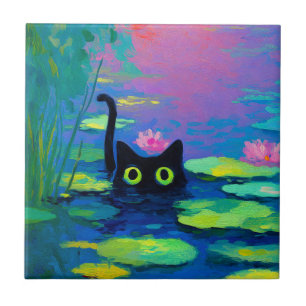 Funny Black Cat Swimming i Pond Quirky Art Kakelplatta