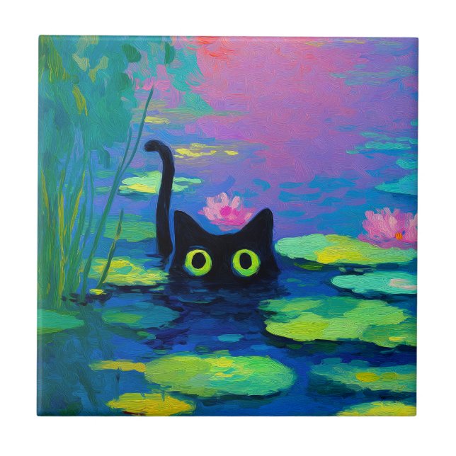Funny Black Cat Swimming i Pond | Quirky Art Kakelplatta (Framsidan)