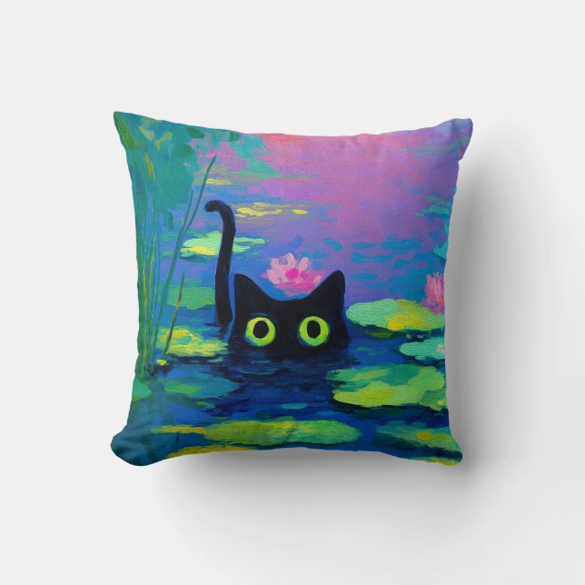 Funny Black Cat Swimming i Pond | Quirky Art Kudde (Framsida)