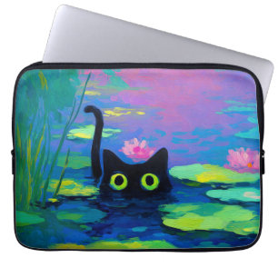 Funny Black Cat Swimming i Pond   Quirky Art Laptop Fodral