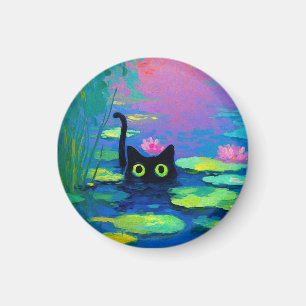 Funny Black Cat Swimming i Pond Quirky Art Magnet