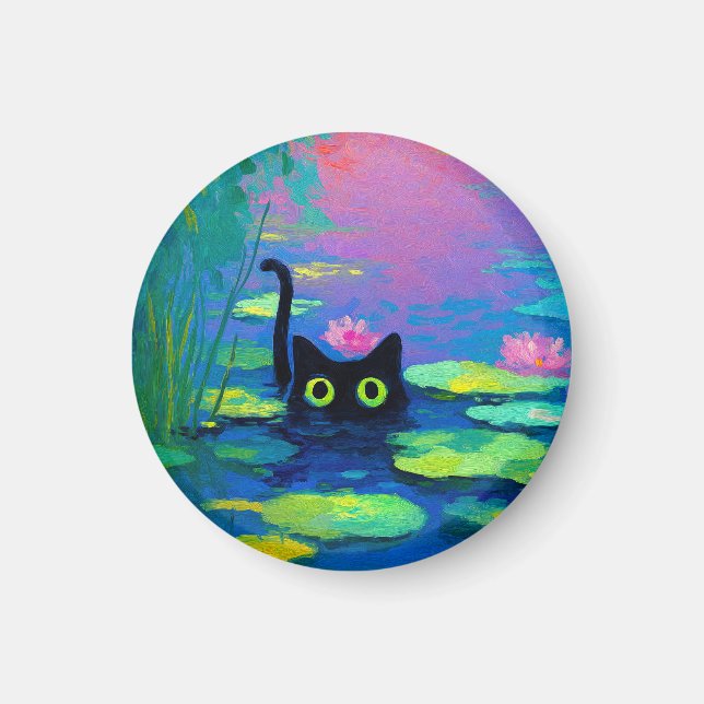 Funny Black Cat Swimming i Pond | Quirky Art Magnet (Framsidan)