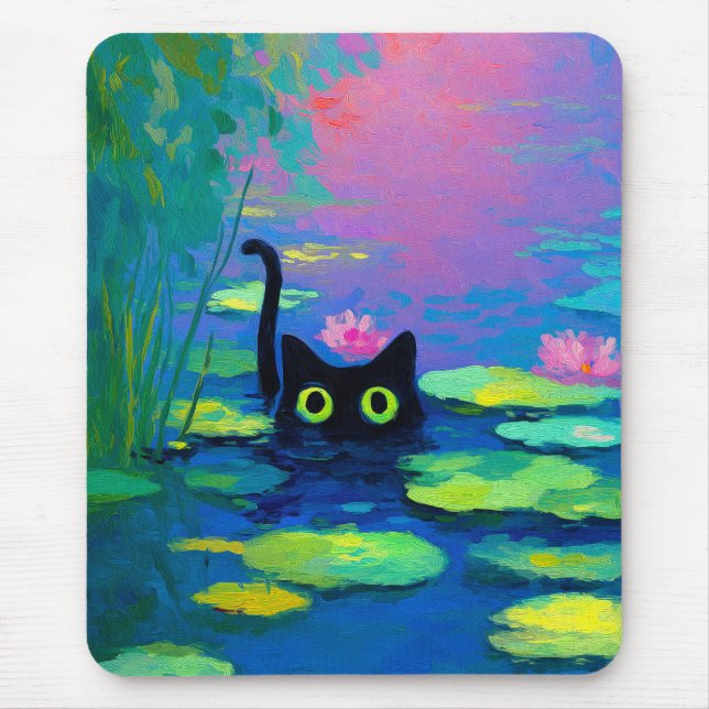 Funny Black Cat Swimming i Pond | Quirky Art Musmatta (Framsidan)