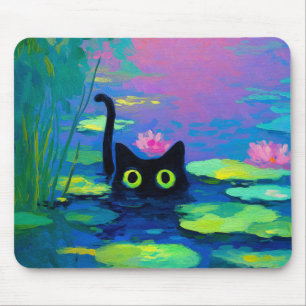 Funny Black Cat Swimming i Pond   Quirky Art Musmatta