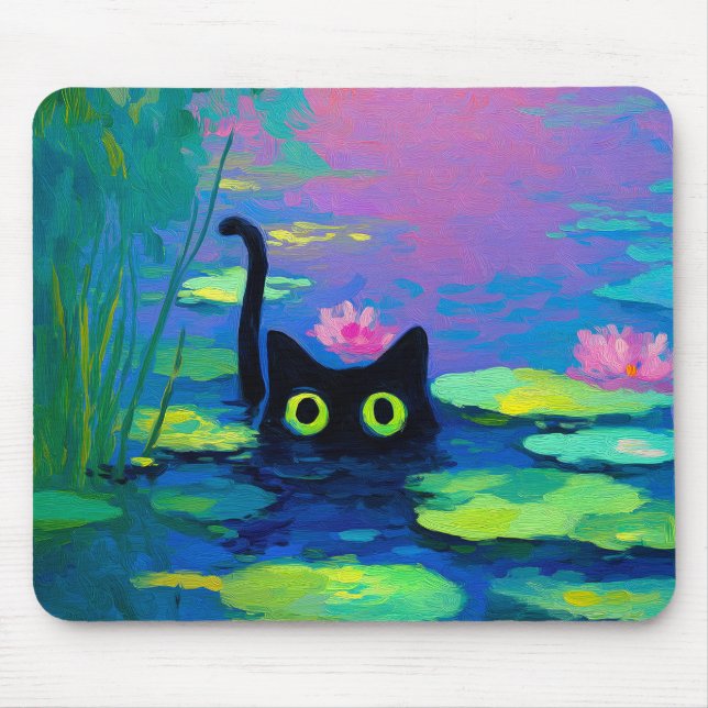 Funny Black Cat Swimming i Pond | Quirky Art Musmatta (Framsidan)