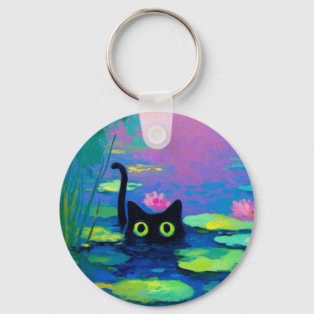 Funny Black Cat Swimming i Pond | Quirky Art Nyckelring (Framsida)